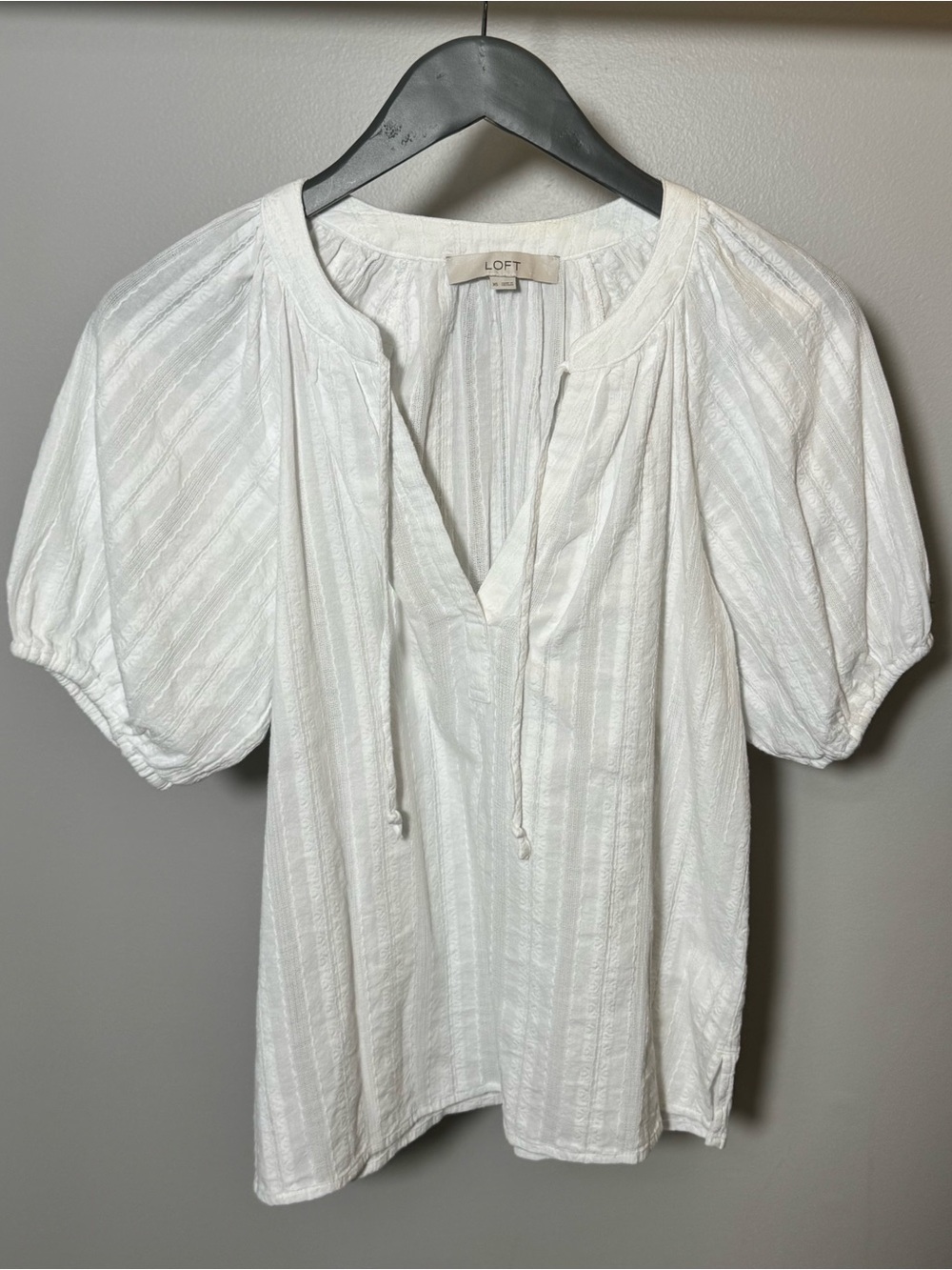 LOFT White Textured Peasant Blouse with Tie Neck